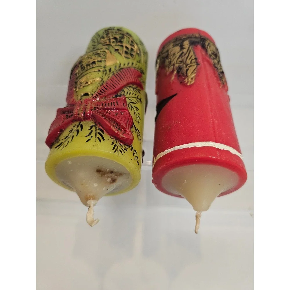Vintage‎ 70s Candles Christmas Nativity Bell Red Green Kitch Set of 2 Not Burned